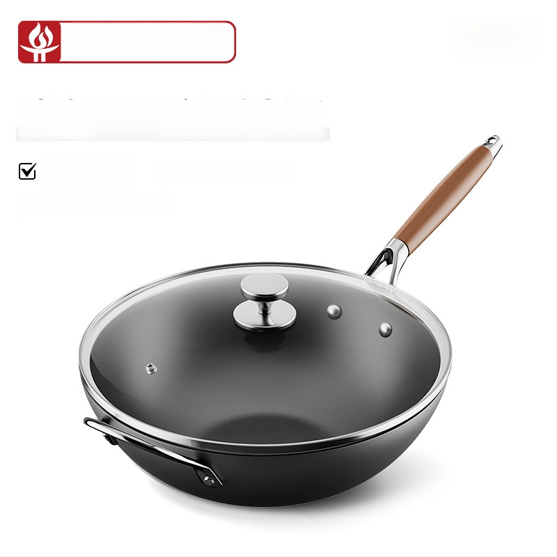 Wok iš plono geležies, kinų stiliaus, stiklinis dangtelis, tinkamas visoms viryklėms, vieno dugno