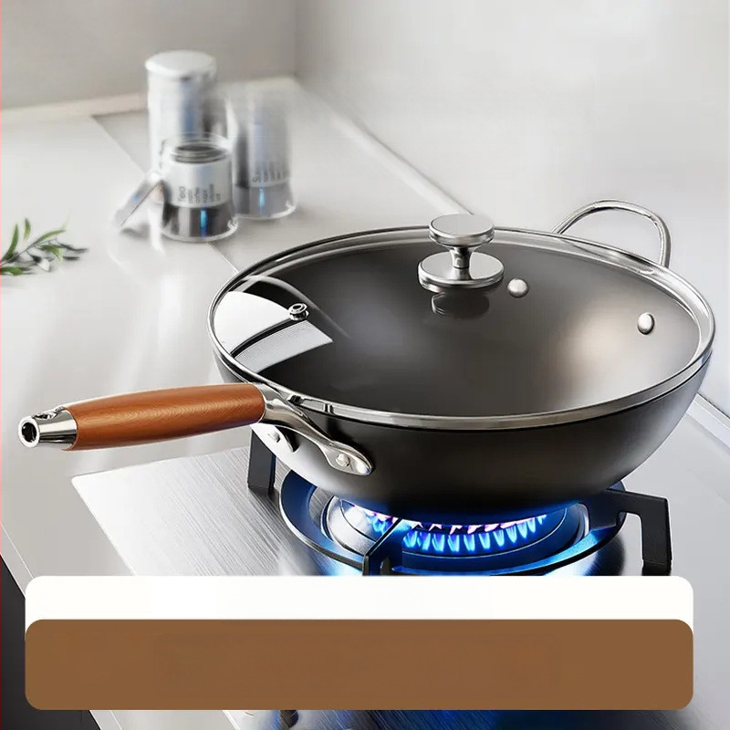 Wok iš plono geležies, kinų stiliaus, stiklinis dangtelis, tinkamas visoms viryklėms, vieno dugno