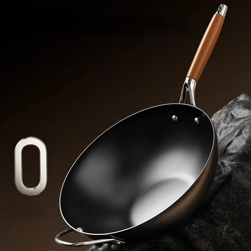 Wok iš plono geležies, kinų stiliaus, stiklinis dangtelis, tinkamas visoms viryklėms, vieno dugno