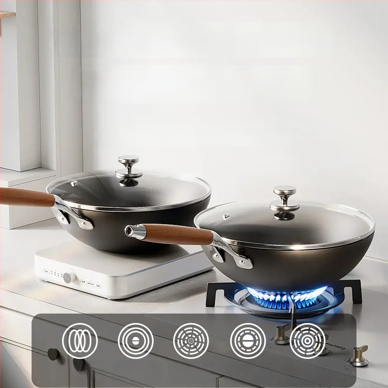 Wok iš plono geležies, kinų stiliaus, stiklinis dangtelis, tinkamas visoms viryklėms, vieno dugno