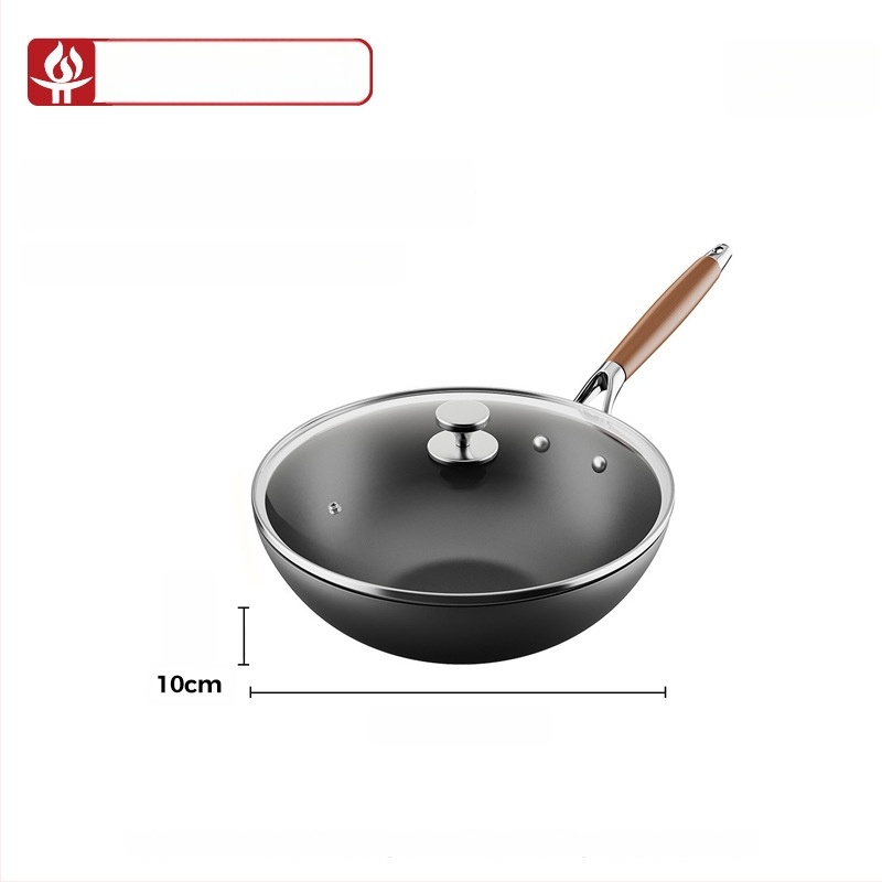 Wok iš plono geležies, kinų stiliaus, stiklinis dangtelis, tinkamas visoms viryklėms, vieno dugno