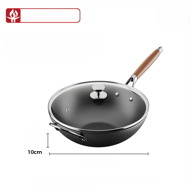 Wok iš plono geležies, kinų stiliaus, stiklinis dangtelis, tinkamas visoms viryklėms, vieno dugno