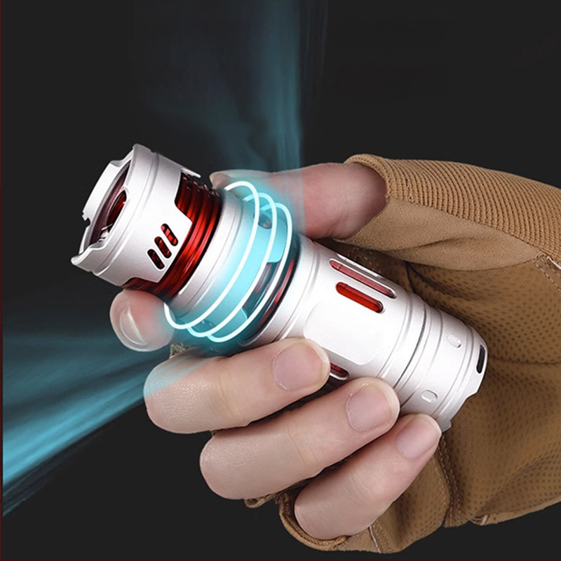 LED žibintuvas su USB-C įkrovimu, 2000mAh baterija, aliuminio lydinio korpusas, 360° pasukama galva, veikimo nuotolis 100–200 m