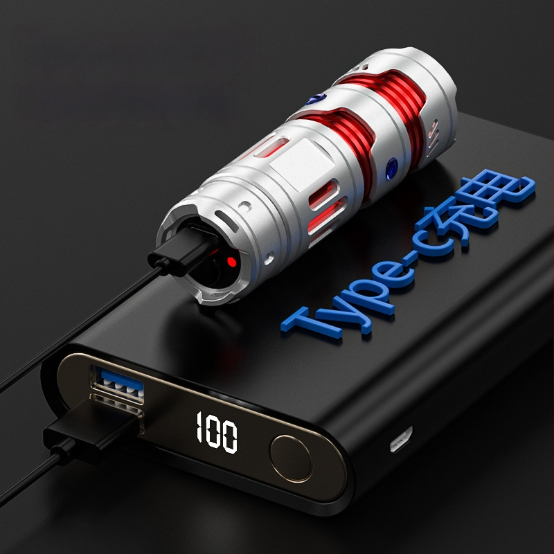 LED žibintuvas su USB-C įkrovimu, 2000mAh baterija, aliuminio lydinio korpusas, 360° pasukama galva, veikimo nuotolis 100–200 m