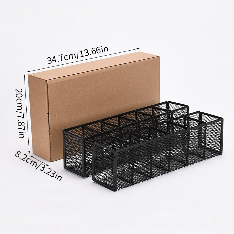 Metalo stalinis organizatorius su keliomis skyrių (3–4), rašiklių laikiklis ir kosmetikos organizatorius, pritaikymas