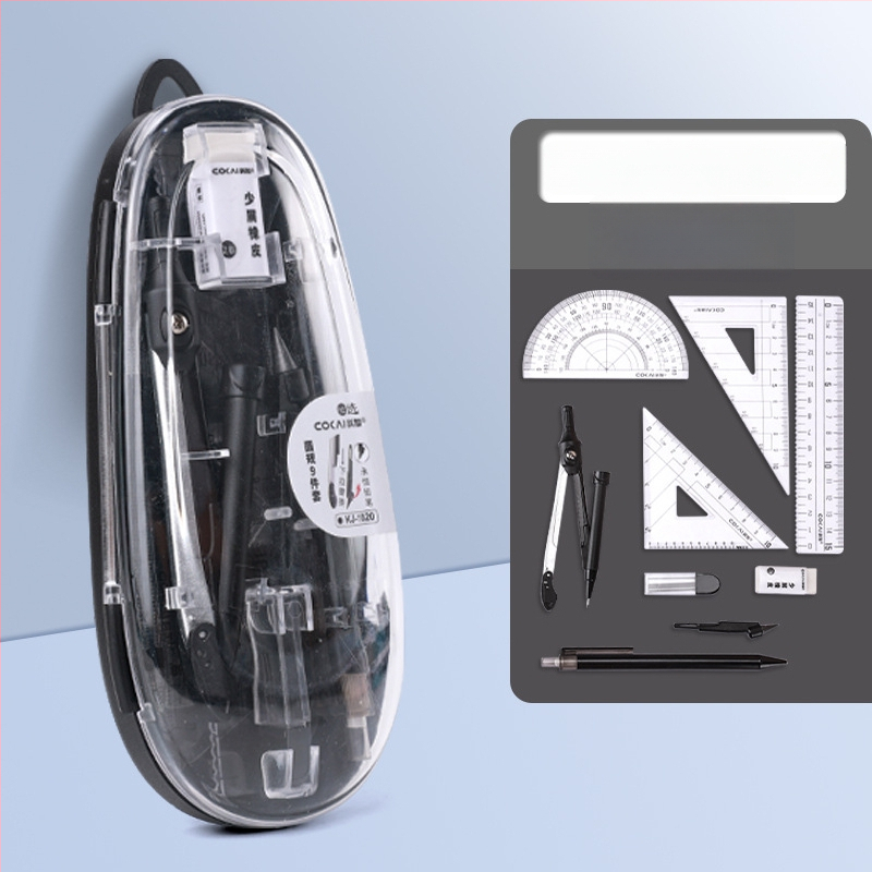 9 dalių komplektas mokiniams: kompasas ir liniuotė - neelektrinis, dovana mokiniams