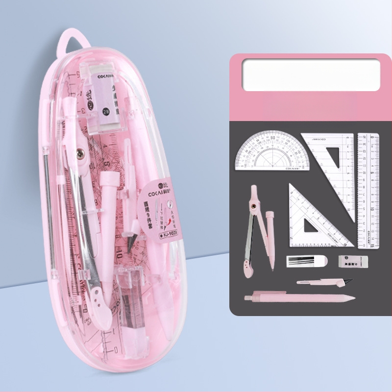 9 dalių komplektas mokiniams: kompasas ir liniuotė - neelektrinis, dovana mokiniams