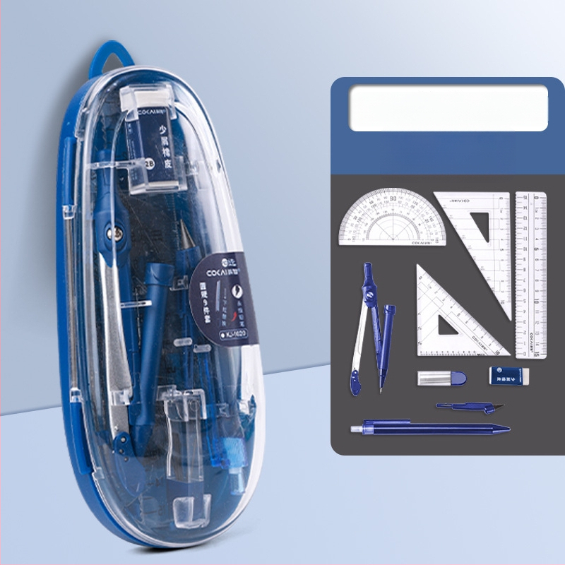 9 dalių komplektas mokiniams: kompasas ir liniuotė - neelektrinis, dovana mokiniams