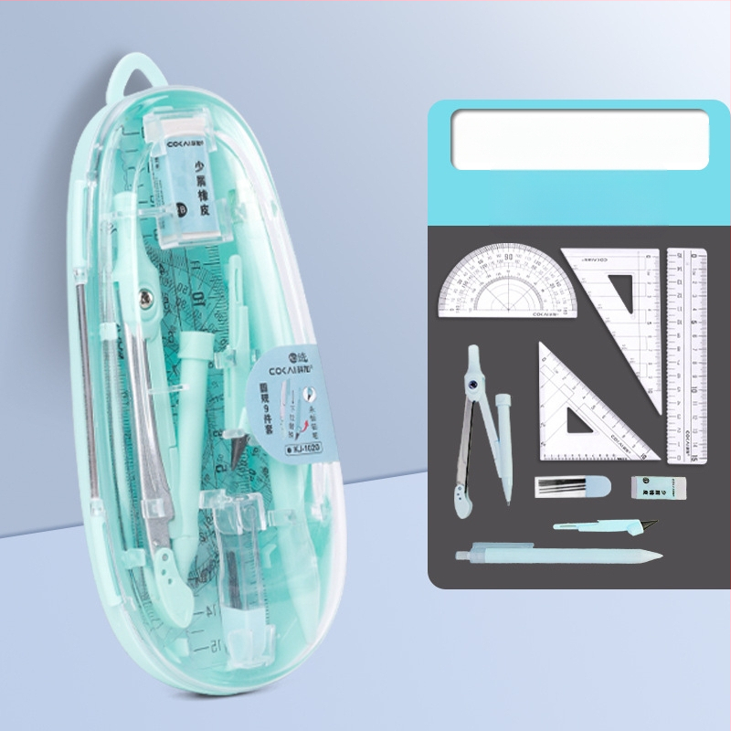 9 dalių komplektas mokiniams: kompasas ir liniuotė - neelektrinis, dovana mokiniams