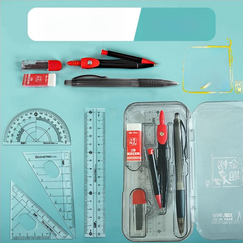 9 dalių komplektas mokiniams: kompasas ir liniuotė - neelektrinis, dovana mokiniams