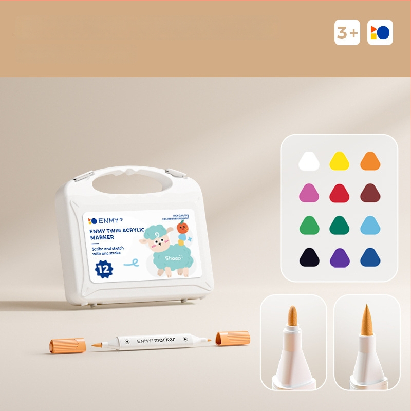 Enmi dvejų galvų akrilinis markeris vaikams, atsparus vandeniui, tinkamas DIY akvarelei, bazinė pakuotė