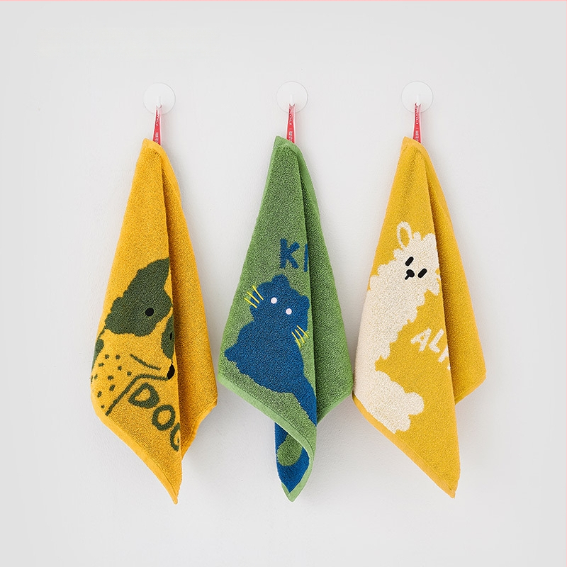 Sanli vaikiškas karikatūrų kvadratinis veido rankšluostis, medvilnė, 32s gija, jacquard audinys, vandens įsisavinimas 5–10 s