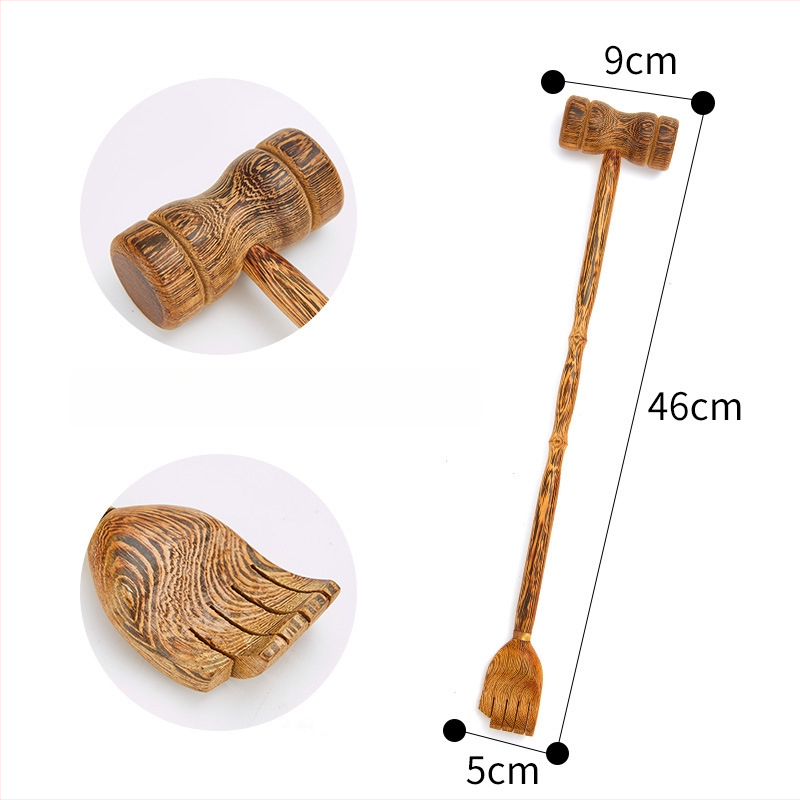 Medinis niežėjimo šukavimo įrankis ir dviejų paskirčių masažo įrankis su ilga rankena, rankų darbo tekstūra, medžiaga Redwood, modernus minimalistinis stilius namų apstatymui