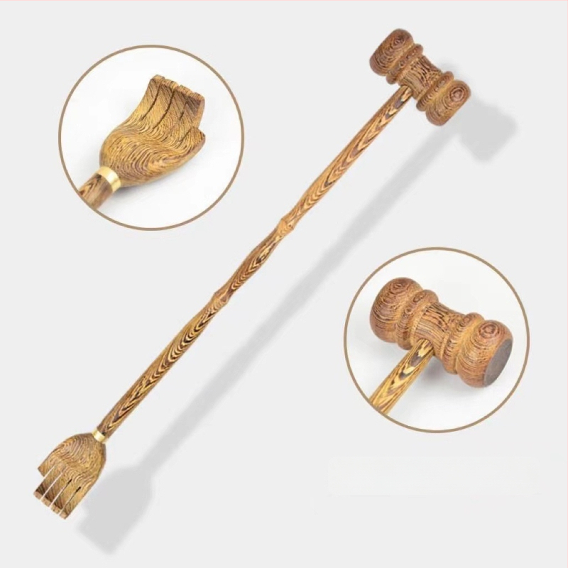 Medinis niežėjimo šukavimo įrankis ir dviejų paskirčių masažo įrankis su ilga rankena, rankų darbo tekstūra, medžiaga Redwood, modernus minimalistinis stilius namų apstatymui