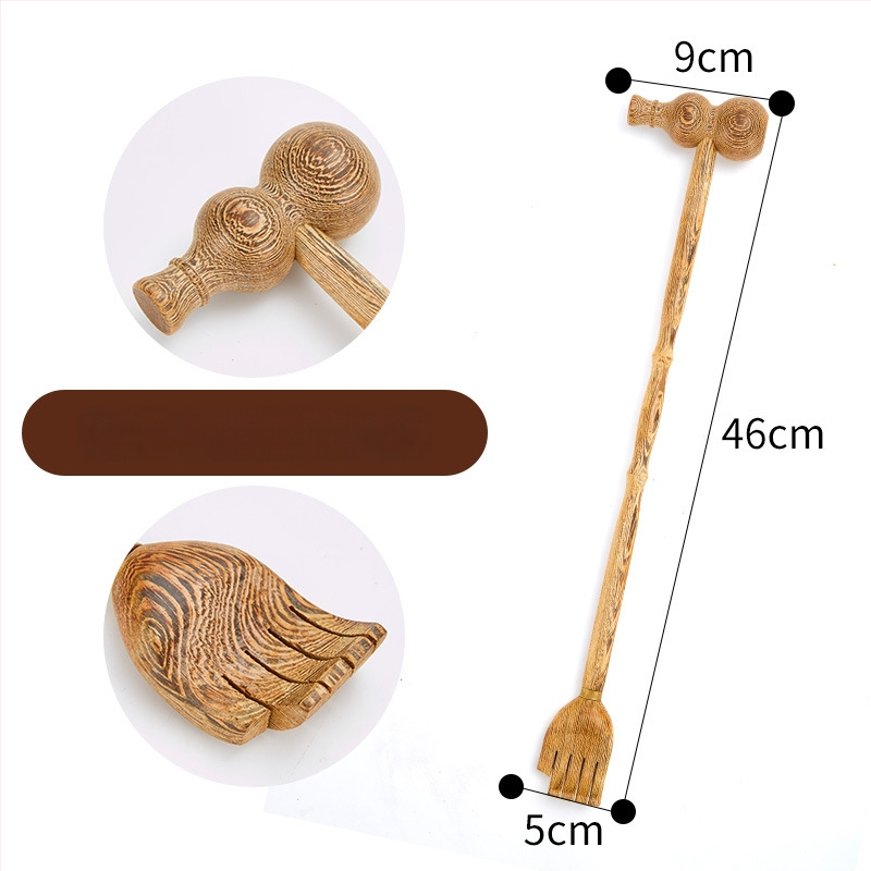 Medinis niežėjimo šukavimo įrankis ir dviejų paskirčių masažo įrankis su ilga rankena, rankų darbo tekstūra, medžiaga Redwood, modernus minimalistinis stilius namų apstatymui