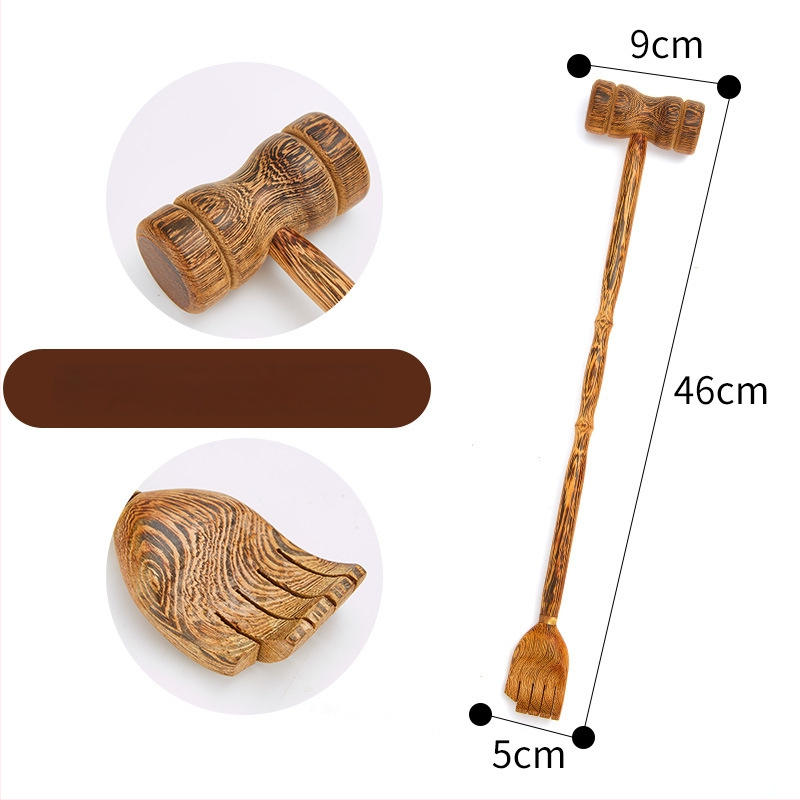 Medinis niežėjimo šukavimo įrankis ir dviejų paskirčių masažo įrankis su ilga rankena, rankų darbo tekstūra, medžiaga Redwood, modernus minimalistinis stilius namų apstatymui