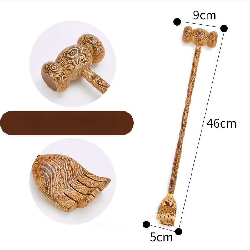 Medinis niežėjimo šukavimo įrankis ir dviejų paskirčių masažo įrankis su ilga rankena, rankų darbo tekstūra, medžiaga Redwood, modernus minimalistinis stilius namų apstatymui