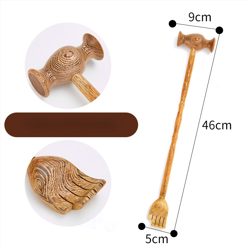 Medinis niežėjimo šukavimo įrankis ir dviejų paskirčių masažo įrankis su ilga rankena, rankų darbo tekstūra, medžiaga Redwood, modernus minimalistinis stilius namų apstatymui