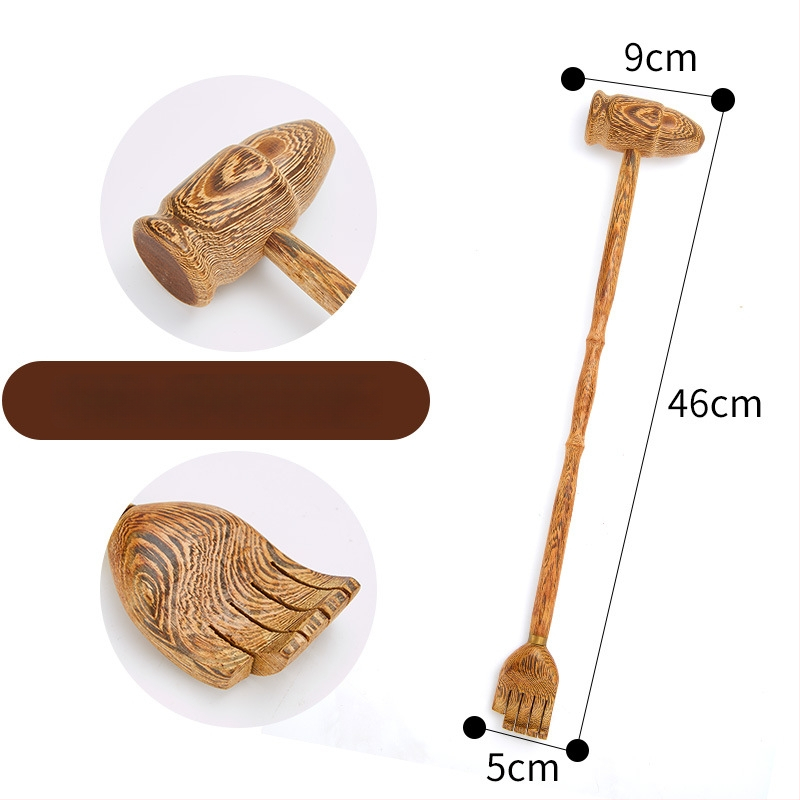 Medinis niežėjimo šukavimo įrankis ir dviejų paskirčių masažo įrankis su ilga rankena, rankų darbo tekstūra, medžiaga Redwood, modernus minimalistinis stilius namų apstatymui