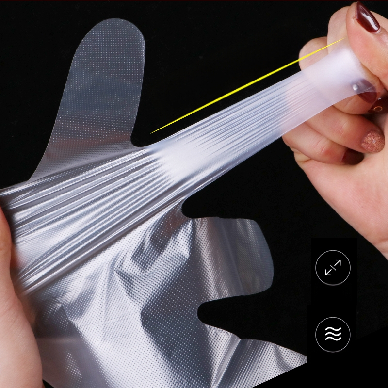 Vienkartinės pirštinės maisto pramonei, skaidrios PE, atsparios riebumams ir dėmėms, 0,6–1,0 mm storis, 100 vnt