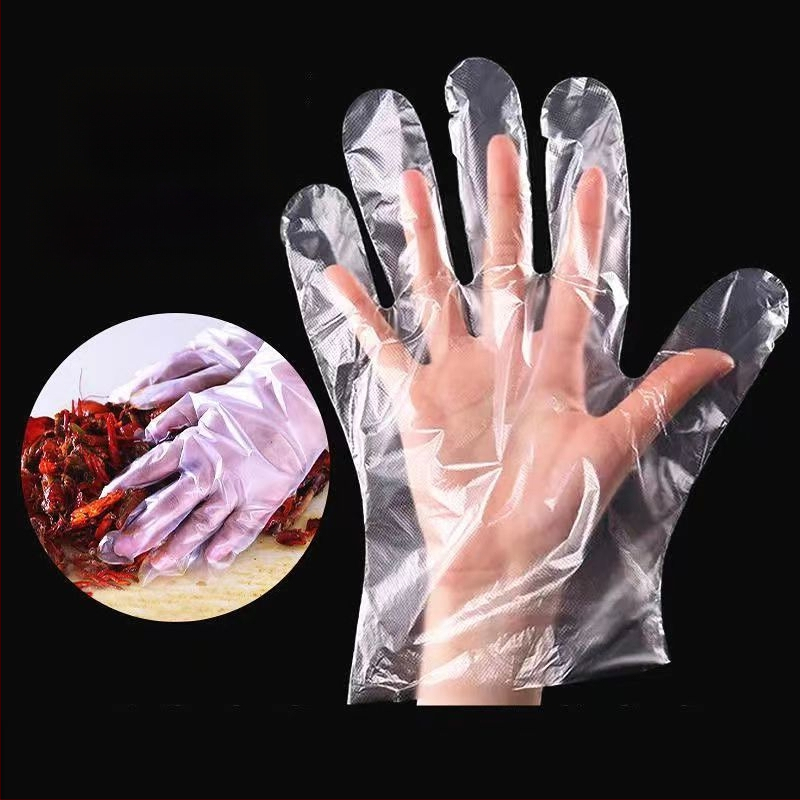 Vienkartinės pirštinės maisto pramonei, skaidrios PE, atsparios riebumams ir dėmėms, 0,6–1,0 mm storis, 100 vnt