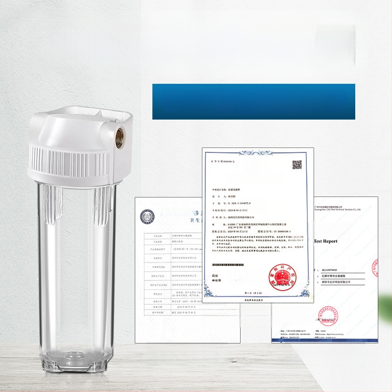 Priekinė montuojama filtravimo buteliukas su 4 jungtimis, PP vata, aktyvuota anglis ir ultrafiltracijos membrana, vario jungtis