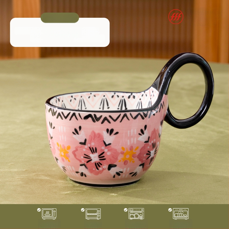Portselaninis puodelis pusryčiams su gėlių formos rankena – aukštos kokybės balta keramika, trijų dalių rinkinys, atsparus aukštoms temperatūroms, logotipo spausdinimas