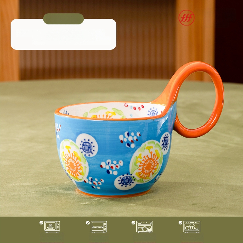 Portselaninis puodelis pusryčiams su gėlių formos rankena – aukštos kokybės balta keramika, trijų dalių rinkinys, atsparus aukštoms temperatūroms, logotipo spausdinimas