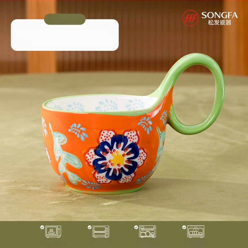 Portselaninis puodelis pusryčiams su gėlių formos rankena – aukštos kokybės balta keramika, trijų dalių rinkinys, atsparus aukštoms temperatūroms, logotipo spausdinimas