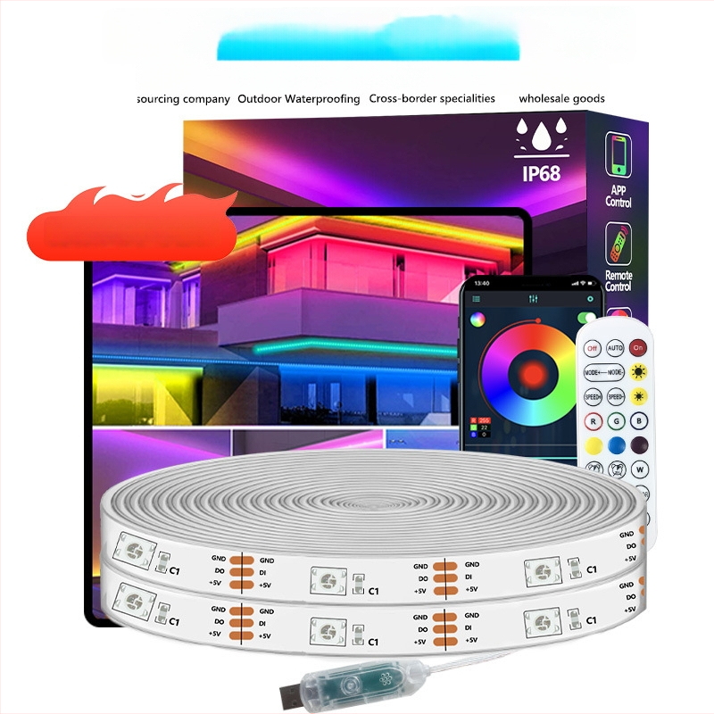 Išorinė RGBIC LED juostelė, 18 LED 5050, 5V įėjimas, IP68 atspari vandeniui, reguliuojamas ryškumas