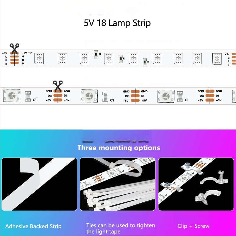 Išorinė RGBIC LED juostelė, 18 LED 5050, 5V įėjimas, IP68 atspari vandeniui, reguliuojamas ryškumas