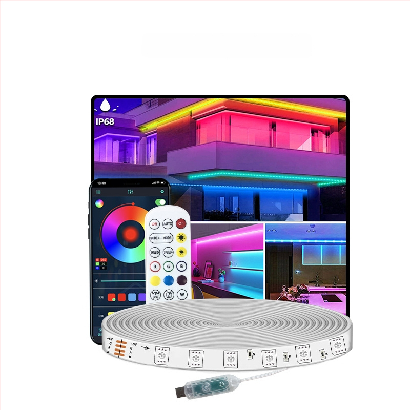 Išorinė RGBIC LED juostelė, 18 LED 5050, 5V įėjimas, IP68 atspari vandeniui, reguliuojamas ryškumas