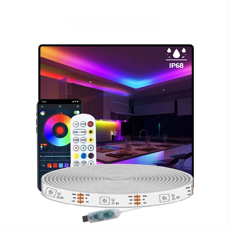Išorinė RGBIC LED juostelė, 18 LED 5050, 5V įėjimas, IP68 atspari vandeniui, reguliuojamas ryškumas