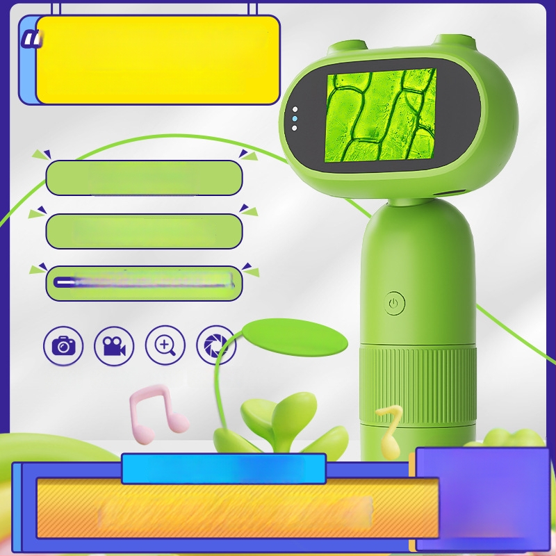 Laste digitaalne elektronmikroskoop ekraaniga, käsitsi kaasaskantav, HD-ekraan, koomiksilaadne disain, teadusele ja haridusele