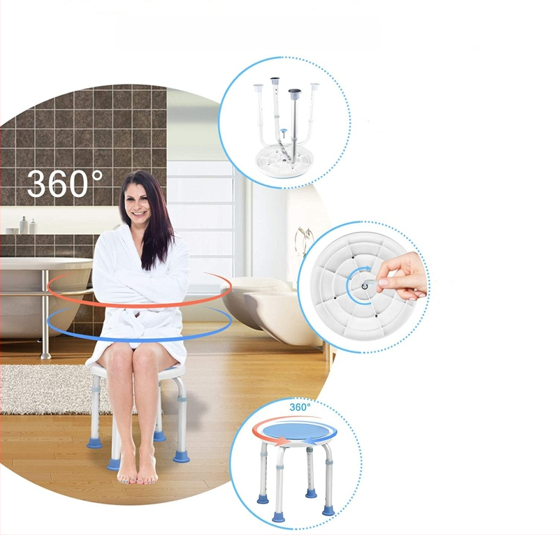 Dušo kėdė su 360° sukimu, reguliuojamas aukštis, apvali vonios kėdė, oksidacinė apdaila