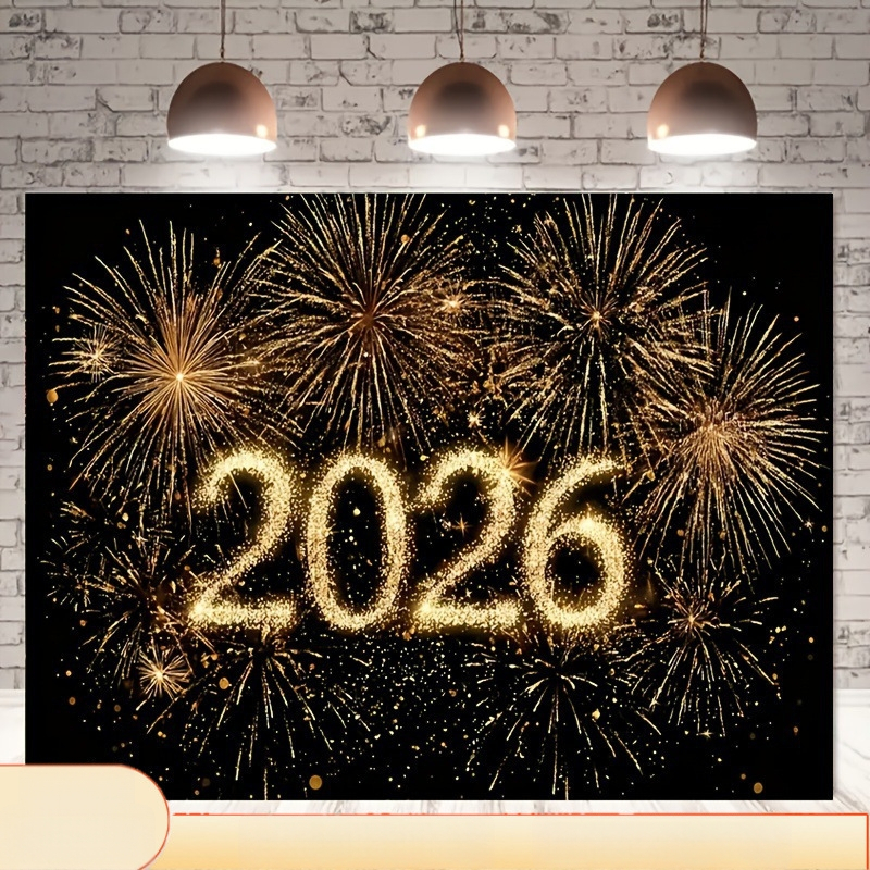 Uue aasta taustplakat säravate ilutulestike ja kuldse helguse kujundusega – polüesterkangas, ilma lipuvardaeta, ilma logo trükita, pakkimine Opp bag