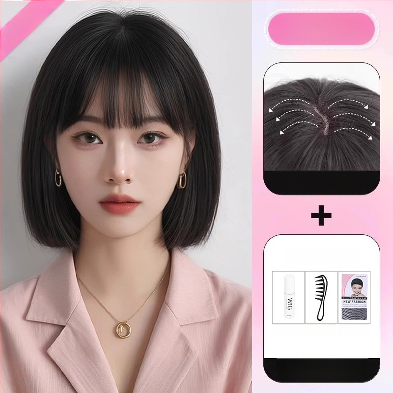 Parukos moterims — pilna galvos paruka, natūralus vaizdas, bob šukuosena, rankų darbo, atsparios aukštai temperatūrai pluoštai