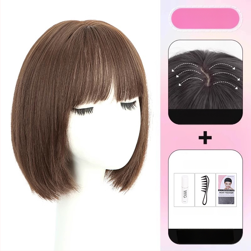 Parukos moterims — pilna galvos paruka, natūralus vaizdas, bob šukuosena, rankų darbo, atsparios aukštai temperatūrai pluoštai