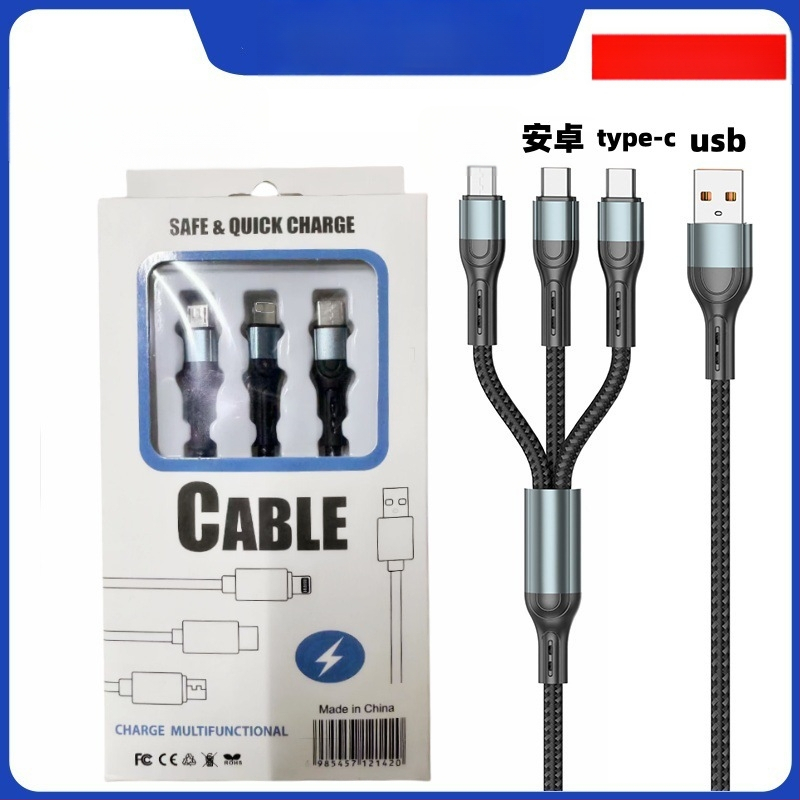 Ai line Rhino 3-in-1 greito įkrovimo duomenų kabelis su Lightning, Type-C ir Micro USB jungtimis, aliuminio lydinio korpusas, automatinis išjungimas, iki 6A maksimali galia