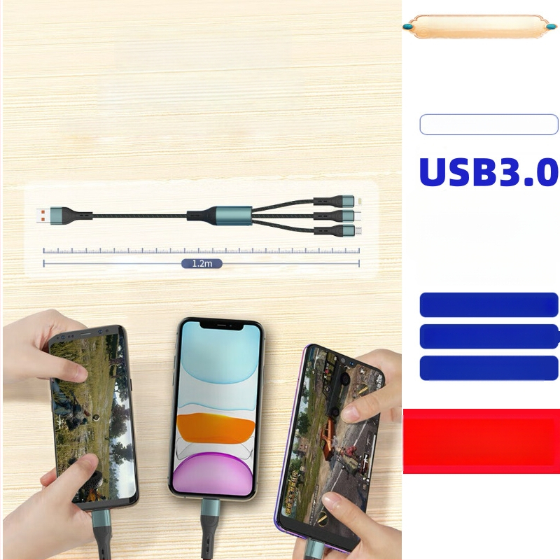 Ai line Rhino 3-in-1 greito įkrovimo duomenų kabelis su Lightning, Type-C ir Micro USB jungtimis, aliuminio lydinio korpusas, automatinis išjungimas, iki 6A maksimali galia