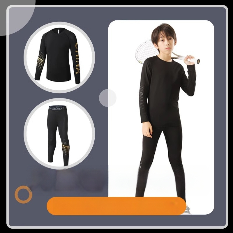 Laste sportlik komplekt — kiire kuivatav, hingav, ülikerge milk silk kangas 8% spandexiga; pikad varrukad, ümmargune kaelus; sügiseseks poistele