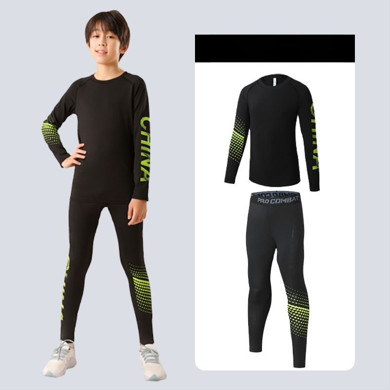 Laste sportlik komplekt — kiire kuivatav, hingav, ülikerge milk silk kangas 8% spandexiga; pikad varrukad, ümmargune kaelus; sügiseseks poistele