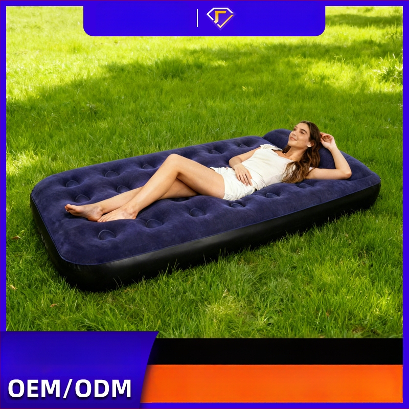 Telkimise täispuhutav voodi flokiga pinnaga, manuaalne täitmine, välis pump, maksimaalne koormus 200 kg, padi kaasas