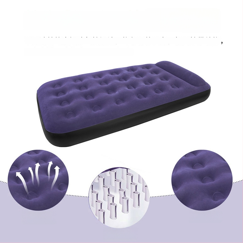 Telkimise täispuhutav voodi flokiga pinnaga, manuaalne täitmine, välis pump, maksimaalne koormus 200 kg, padi kaasas