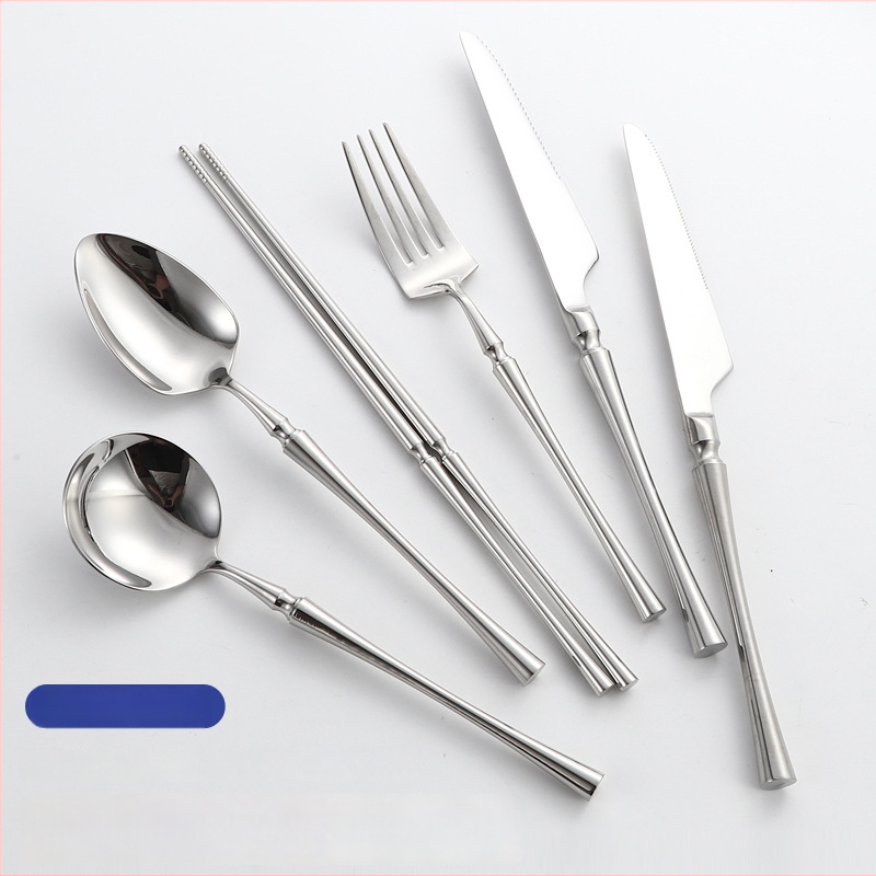 Šešių dalių stalo įrankių rinkinys iš 304 nerūdijančio plieno su veidrodiniu paviršiumi, šiaurietiškas minimalistinis stilius, logotipo atspausdinimas galimas