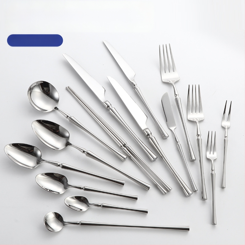 Šešių dalių stalo įrankių rinkinys iš 304 nerūdijančio plieno su veidrodiniu paviršiumi, šiaurietiškas minimalistinis stilius, logotipo atspausdinimas galimas