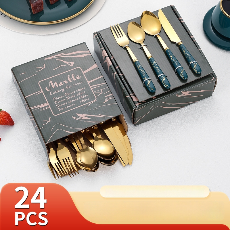 Peilių, šakutų ir šaukštų rinkinys, 24 vnt., 410 nerūdijančio plieno, marmoro raštas, veidrodinis poliravimas