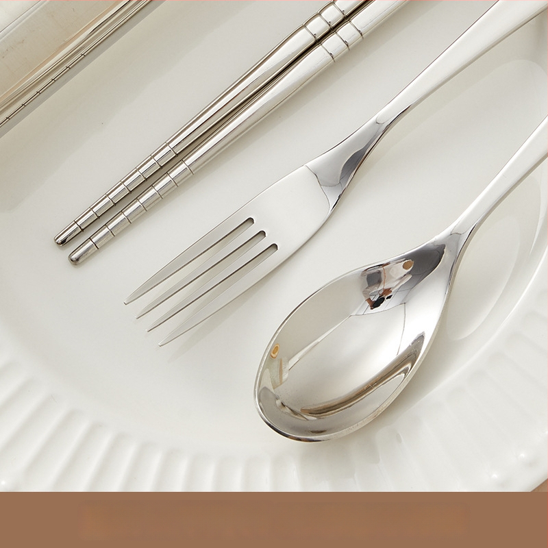 Nerūdijančio plieno nešiojamas 3 dalių stalo įrankių rinkinys – šaukštas, šakutė ir lazdelės, 304 nerūdijantis plienas, veidrodinis poliravimas, Ins stilius