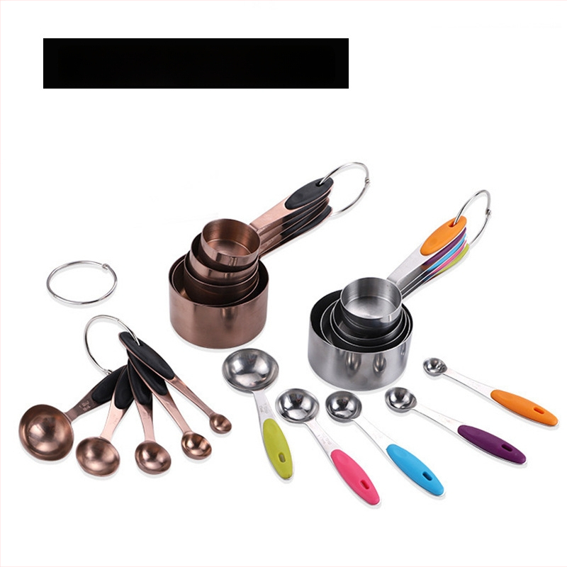 Chef nerūdijančio plieno matavimo puodelių ir šaukštų rinkinys su silikono rankenomis, 10 dalių virtuvės kepimui