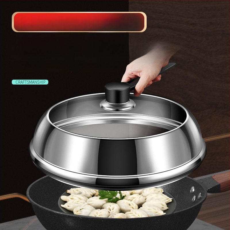 Nerūdijančio plieno puodo dangtis su skaidriu stiklu, iškilusio dizaino, izoliota medinė rankena, 970 g